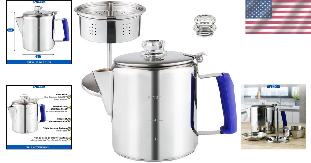 Stylish Multi-Use Percolator Coffee Pot - 6 Cup, Stainless Steel & Borosilicate