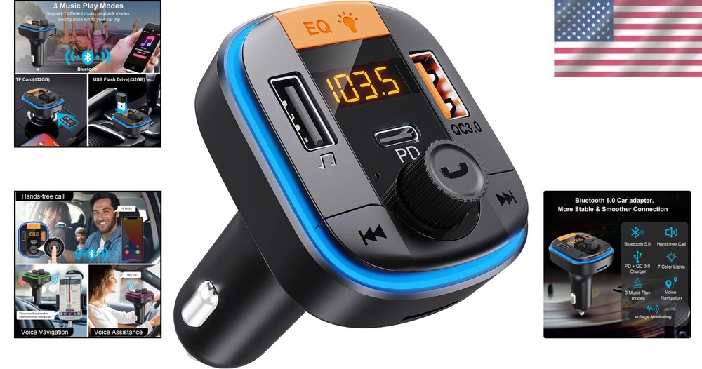 Hands-Free Bluetooth FM Transmitter with USB Fast Charging & Voltage Monitor