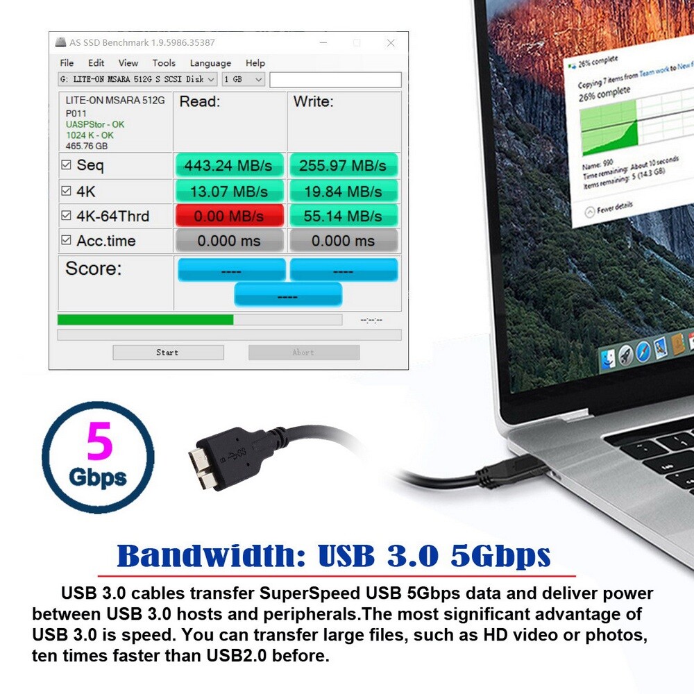 USB 3.1 USB-C Type-C to Type-A Male to Micro 3.0 B Male Disk SSD Data Cable