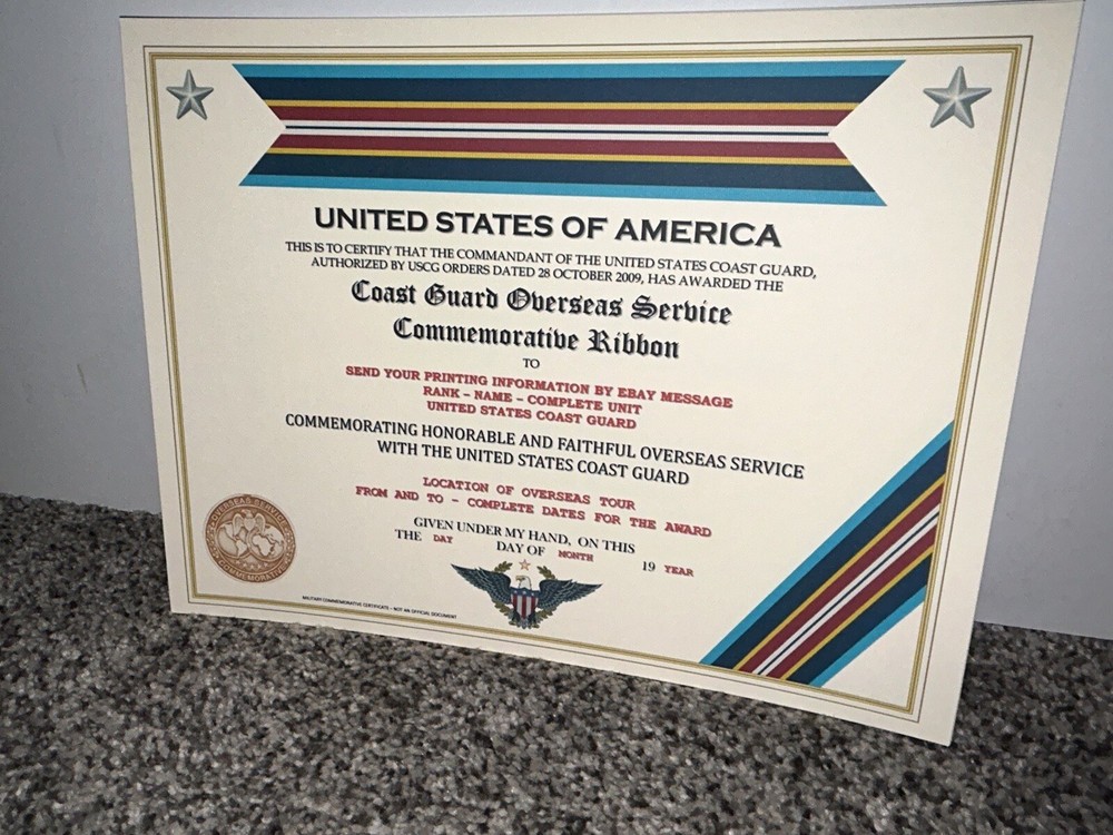 COAST GUARD OVERSEAS SERVICE COMMEMORATIVE CERTIFICATE ~ W/PRINTING TYPE-1