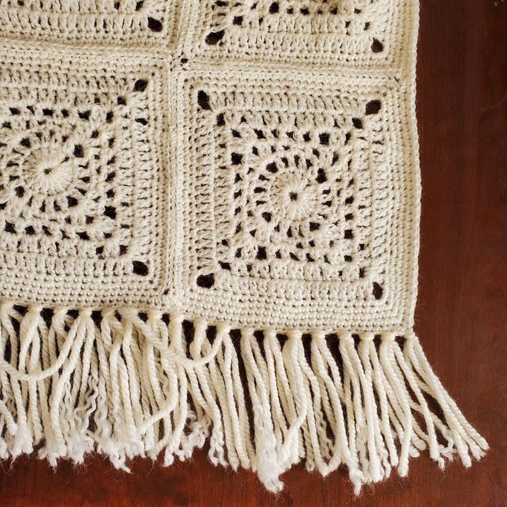 Large Handmade Crocheted Afghan - White Squares With Fringe 91"x46"