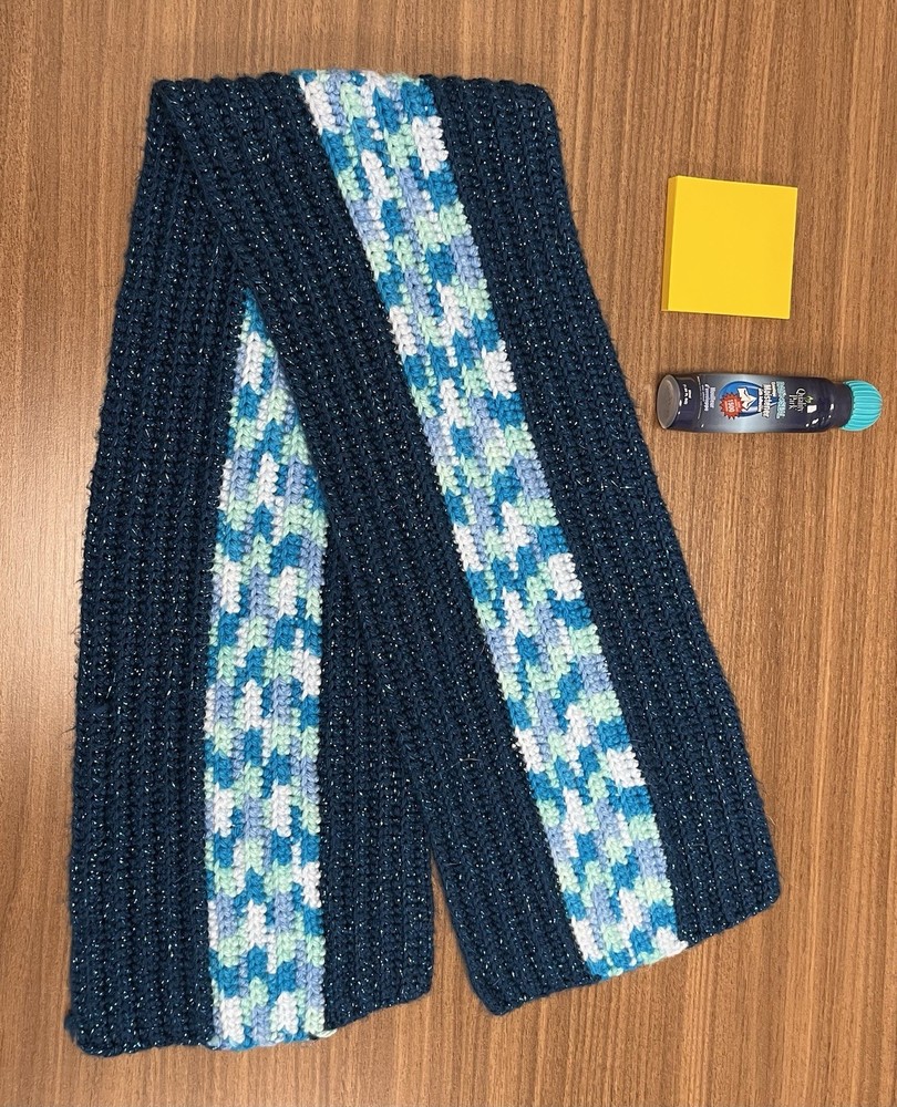 Handmade Knitted Scarf, Blue Multicolor Pattern, Handcrafted Winter Accessory