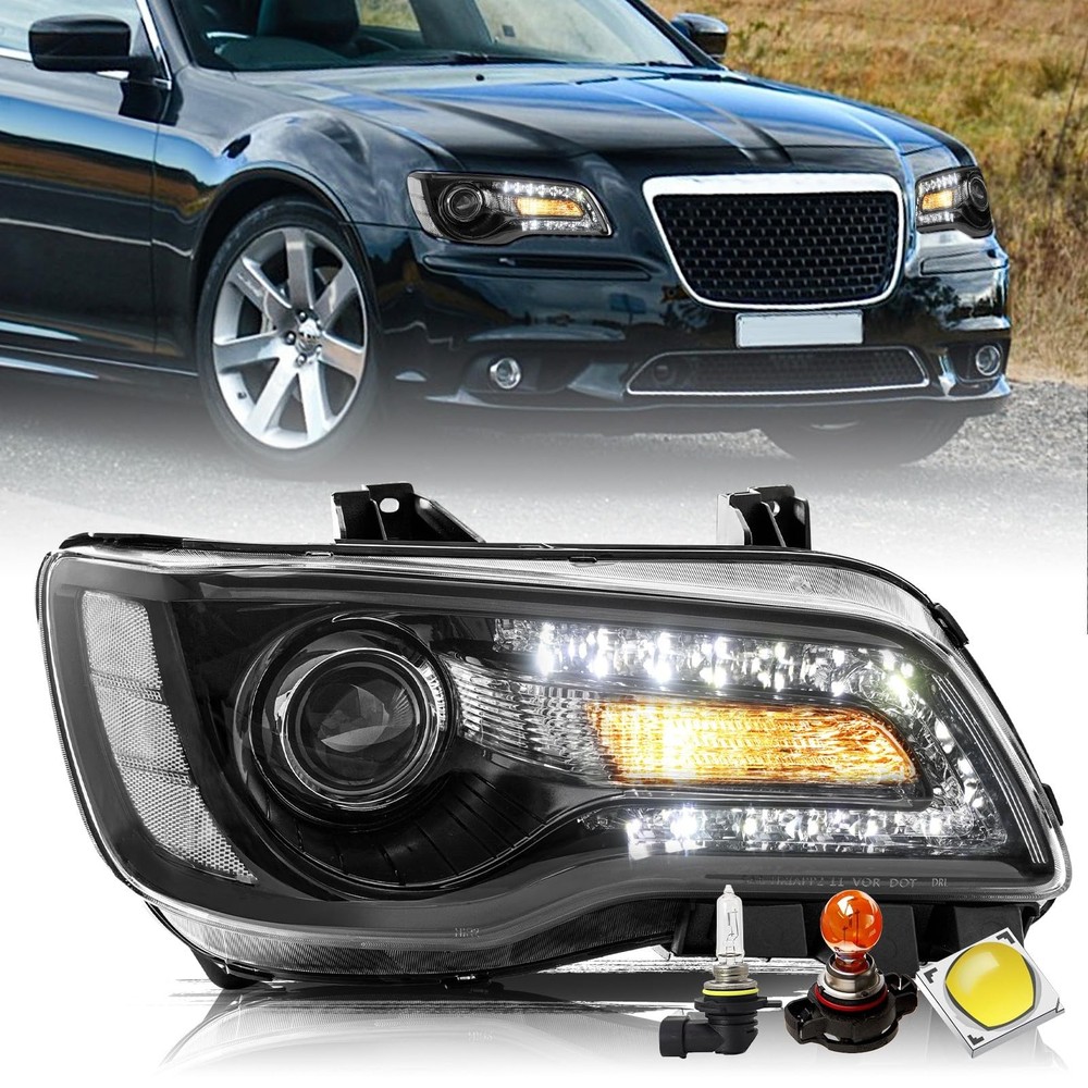 Headlight Assembly 2011-2023 300 Halogen LED DRL Black Clear Reflector Passenger