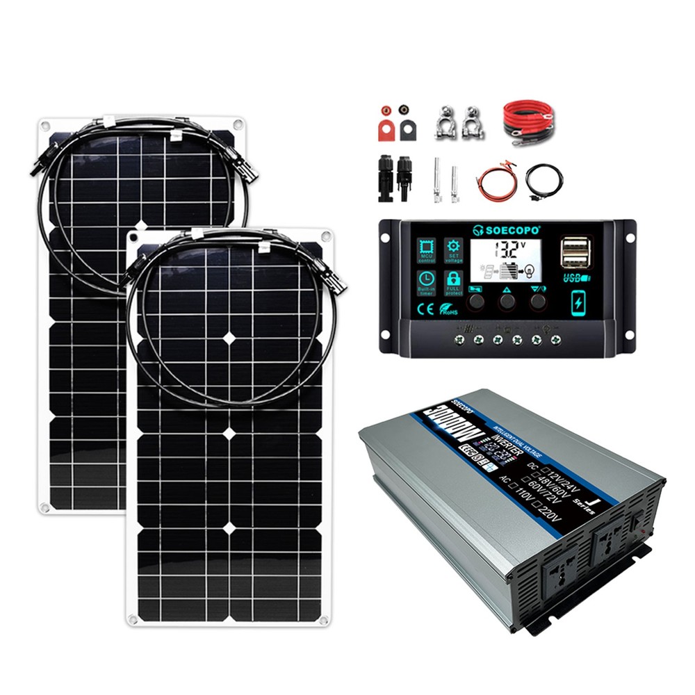 30000 Peak Solar System Kit 2pcs Flexible Panel DC 12V/24V  AC110V 220V Invert4e