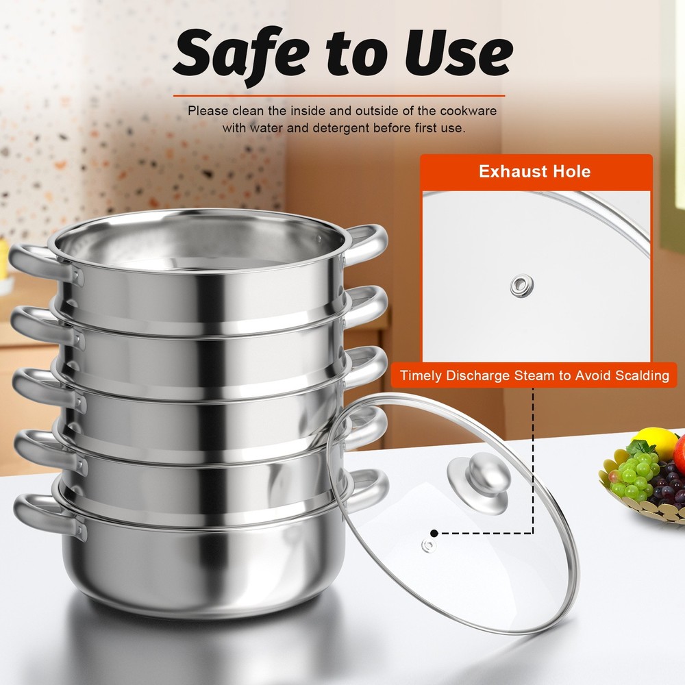 Commercial 5 Tier Stainless Steel Steamer W/ Transparent Pot Lid Multi-Function