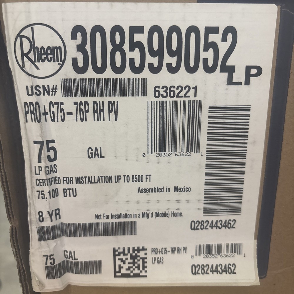 Rheem 75 Gal. Tall 8-Year 75.1k BTU LP Tank Water Heater - Pro+g75-76p