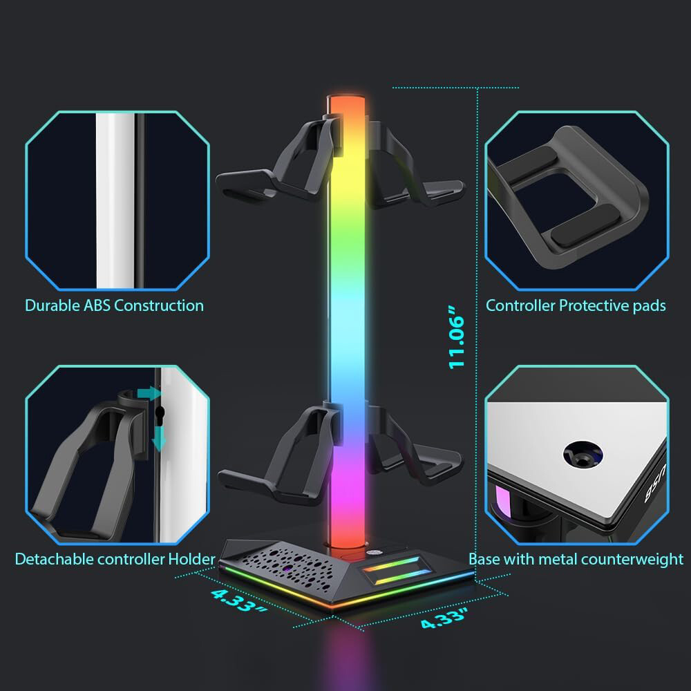 RGB Gaming Controller Holder, Headphone Stand With 2 USB Charging and 1 Type-C