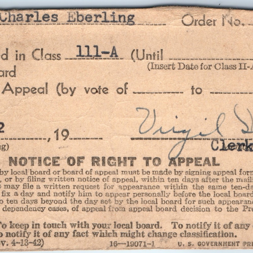 1942 WWII Notice of Classification Card Draft New Hampton, IA Board Eberling C51