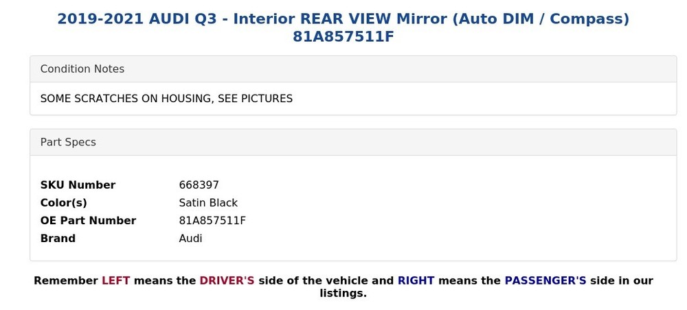 2019-2021 AUDI Q3 - Interior REAR VIEW Mirror (Auto DIM / Compass) 81A857511F
