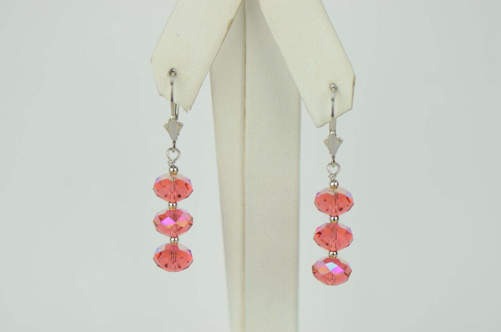 Three Color Crystal Dangle Drop earrings Sterling Silver 925