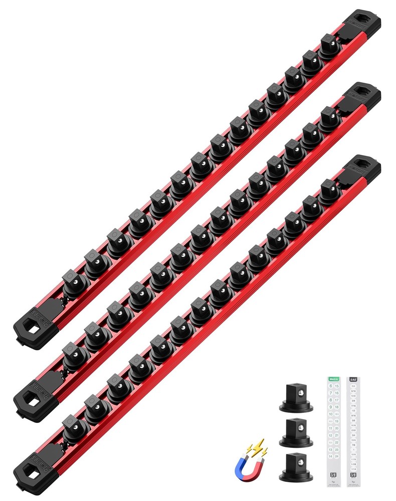 Magnetic Socket Organizer Set, 3-Piece Heavy Duty Aluminum Socket Rails, 360°...