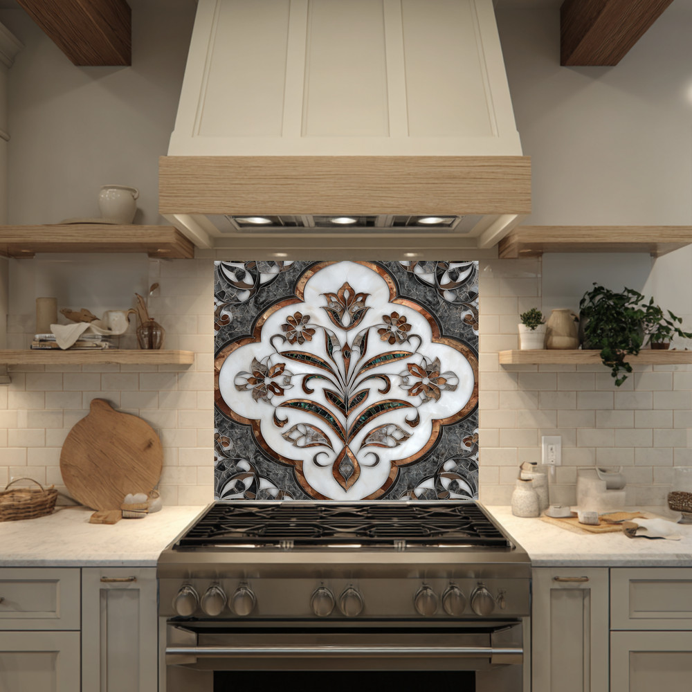 Ottoman Pattern on Marble Print Background Glass Backsplash for Kitchen Stove