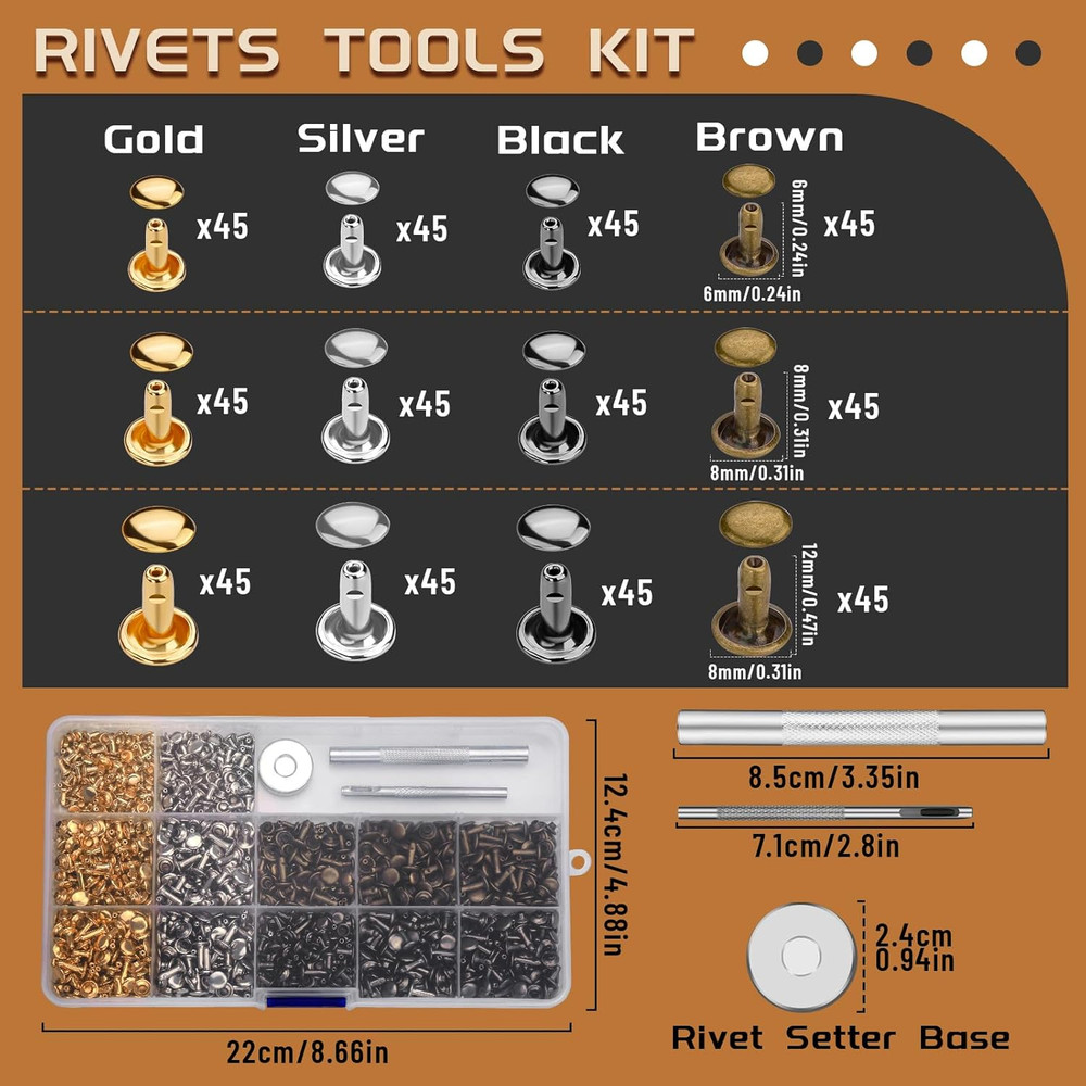 540 PCS Leather Rivets, 3 Different Sizes Double Cap Rivets Kit with Leather Riv