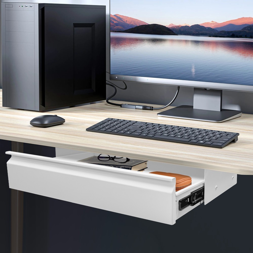 White Under Desk Storage Drawer Sliding Pull Out Organizer for Home Office