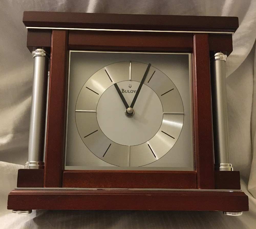 Bulova Solid Wood Case Silver Tone Metal Sides Clock B7651 Lightly used.