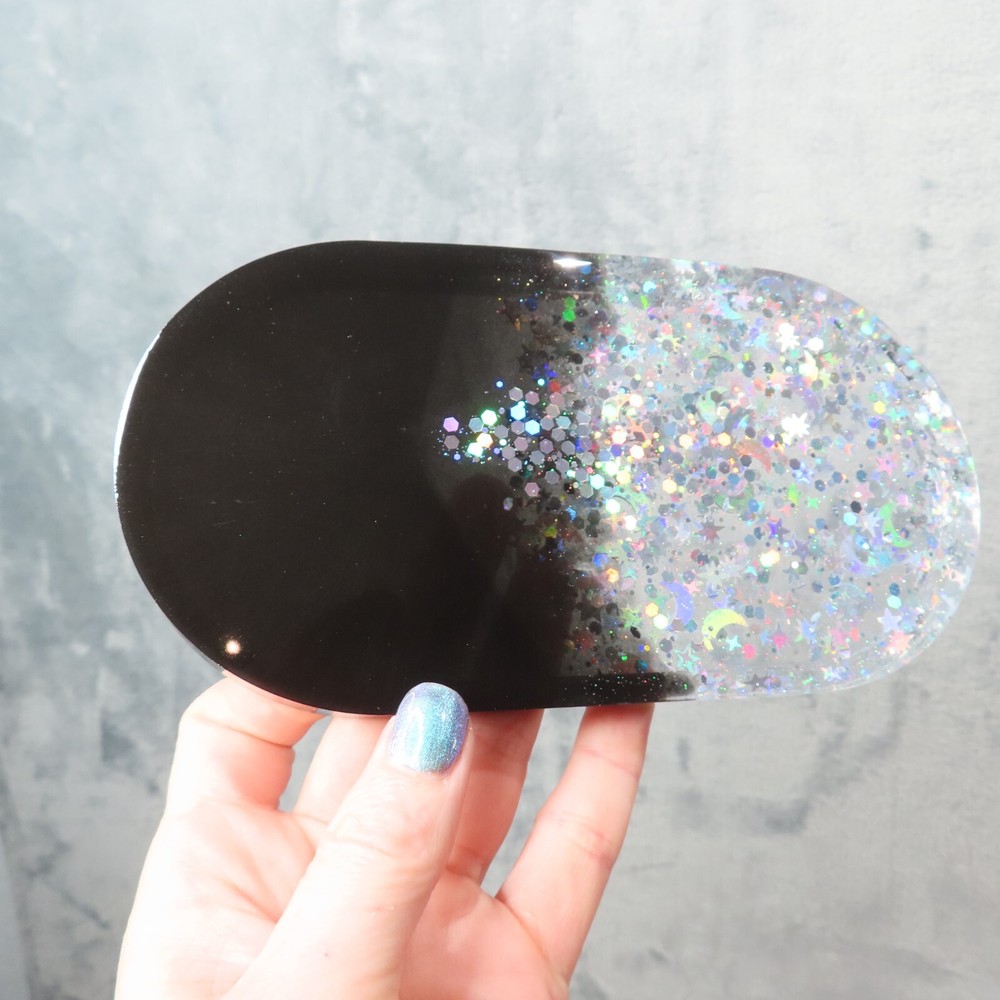 ROLLING TRAY Grinder Stash Container Set Black Silver Celestial Glitter Handmade