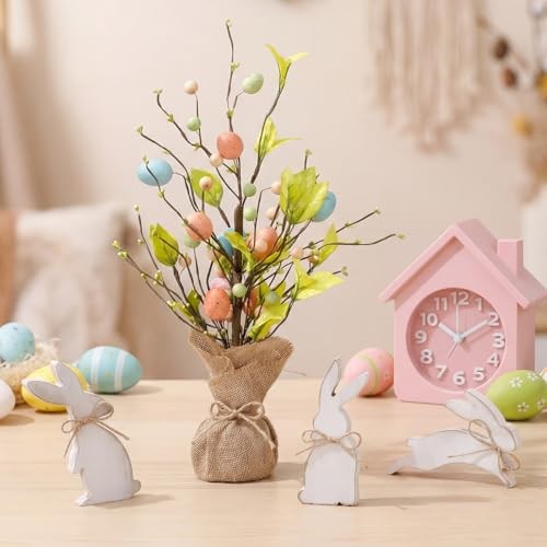 Easter Egg Tree with Burlap Base and Rustic Bunny Signs Set, Wooden Classic 4