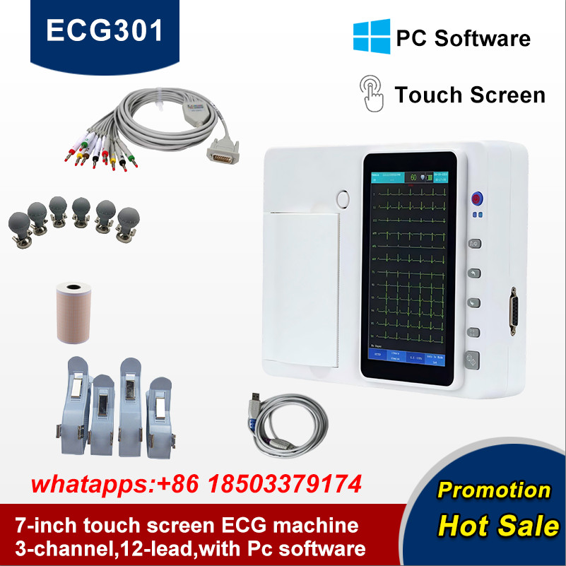 7-inch touchscreen ECG machine, 3-channel, 12-lead, with PC software