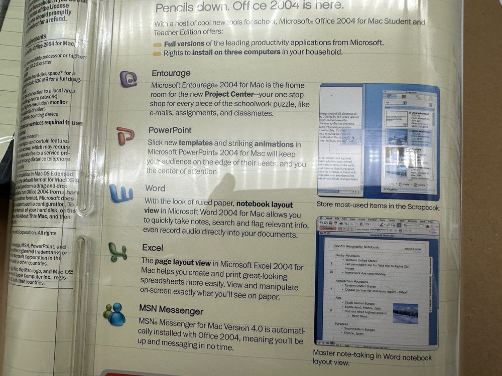 Microsoft Office Mac 2004 Student and Teacher Edition Software 3 keys w/ booklet