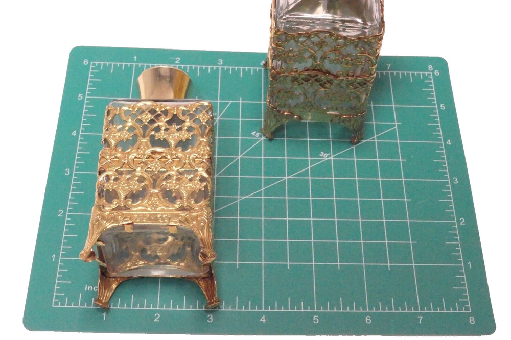 Perfume Bottle Set with Atomizer Cap and Gold Filigree Covers