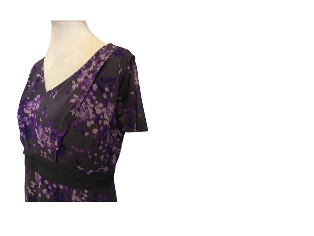 Jacques Vert Deeply Devine Grey Purple Viola Print Dress Fit 20-22