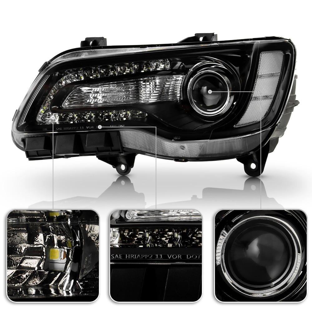 For 2015-2023 Chrysler 300 Black Halogen Headlight LED DRL Projector Driver Side