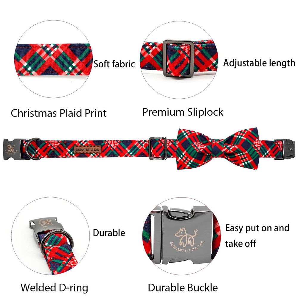 Christmas Dog Collar Red Plaid Holiday Bow Collar Adjustable Medium