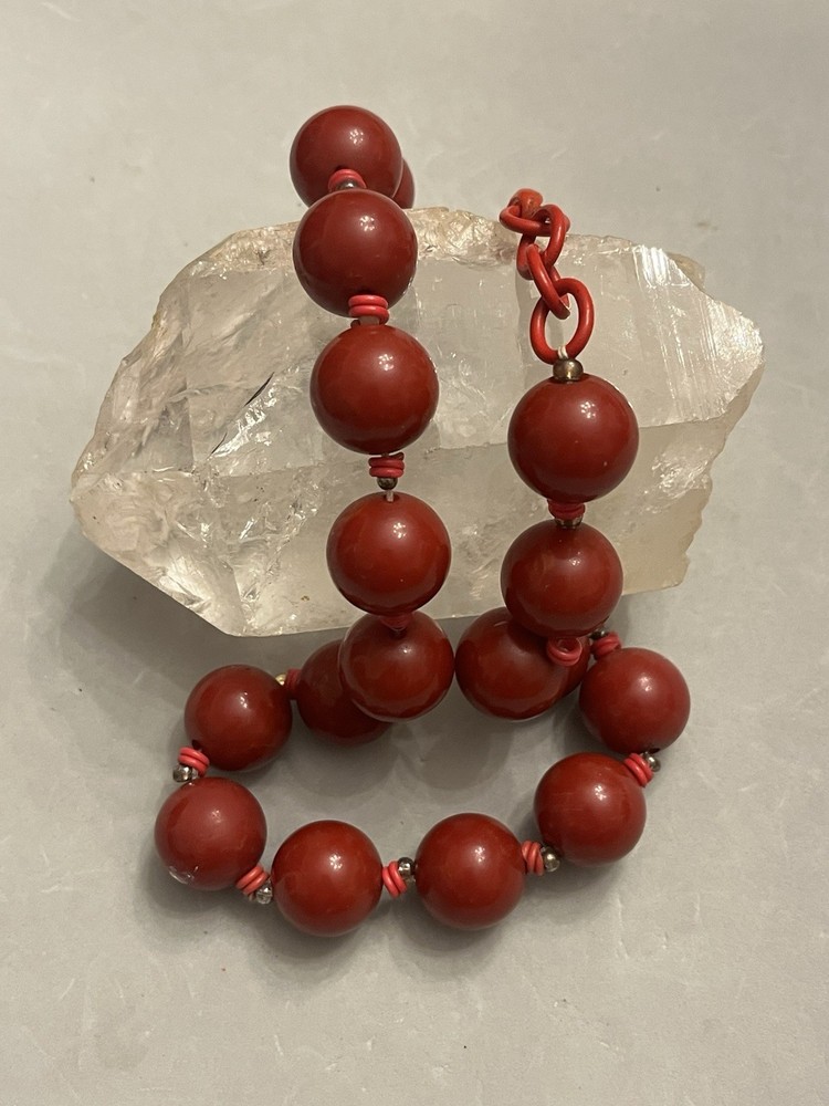 Vintage Red Lightly Marbled Bakelite Beaded & Celluloid Chain 20" Necklace