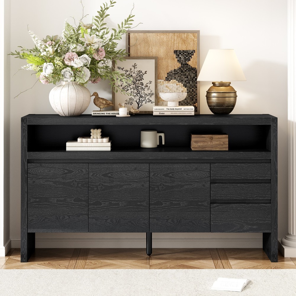 60" Modern Solid Ash Veneer Sideboard (3 Doors+3 Drawers, Semi-Open Shelf