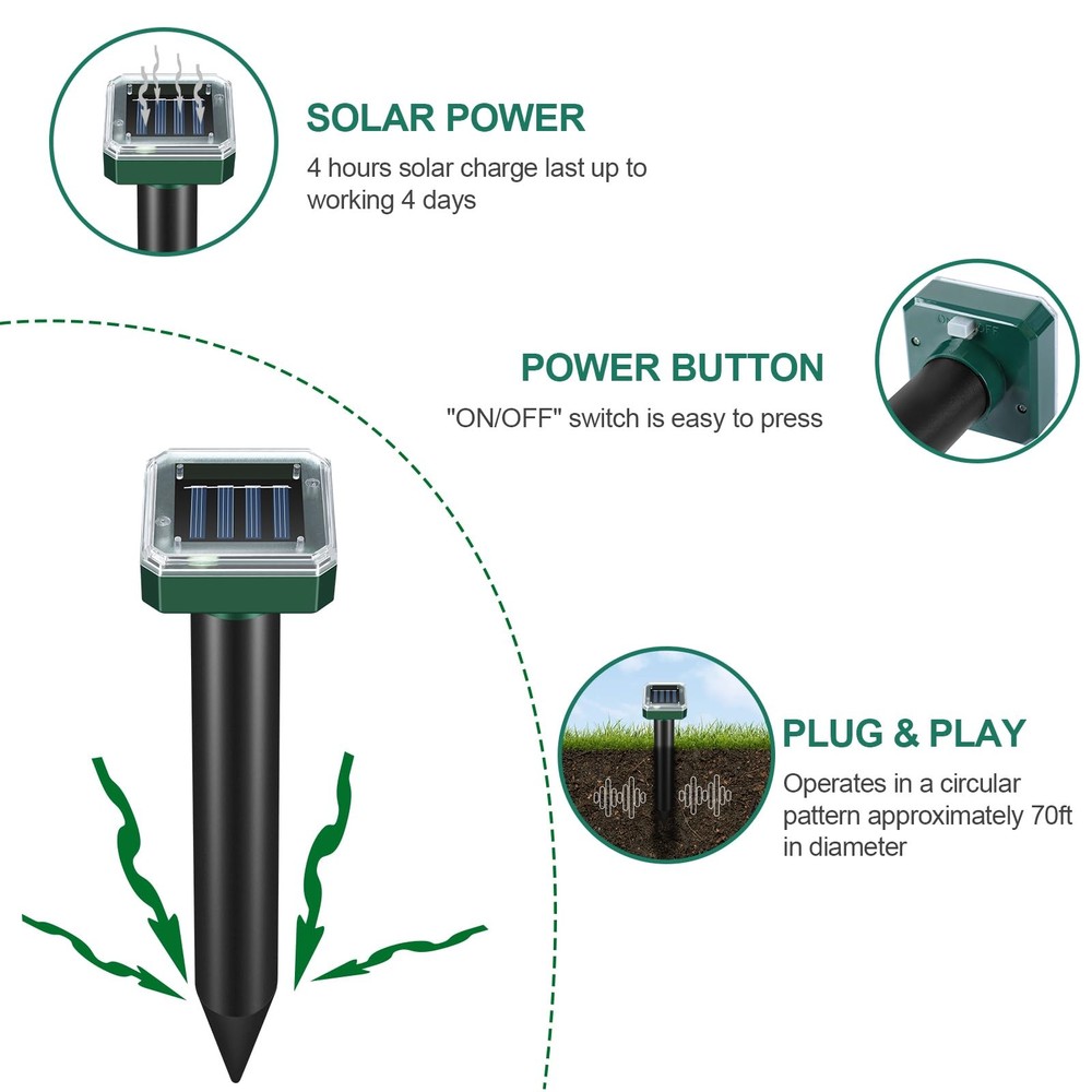 Mole Repellent for Lawns 8 Pack, Solar Powered Repeller Dark Green