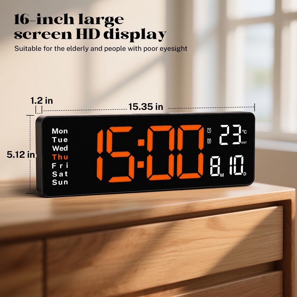 16" Large Digital Wall Clock with Remote Control, Large Display LED Clock for...