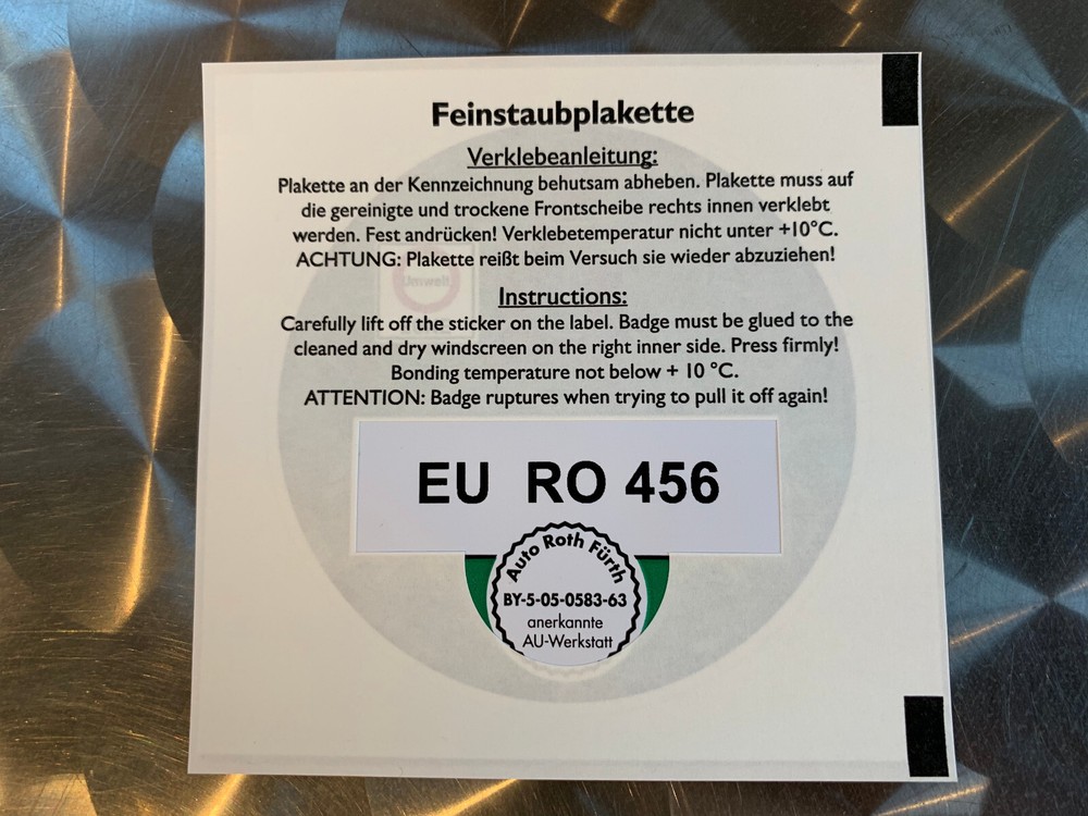EMISSIONS DECAL - OFFICIALLY APPROVED GERMAN EMISSIONS STICKER ! LASER PRINTED