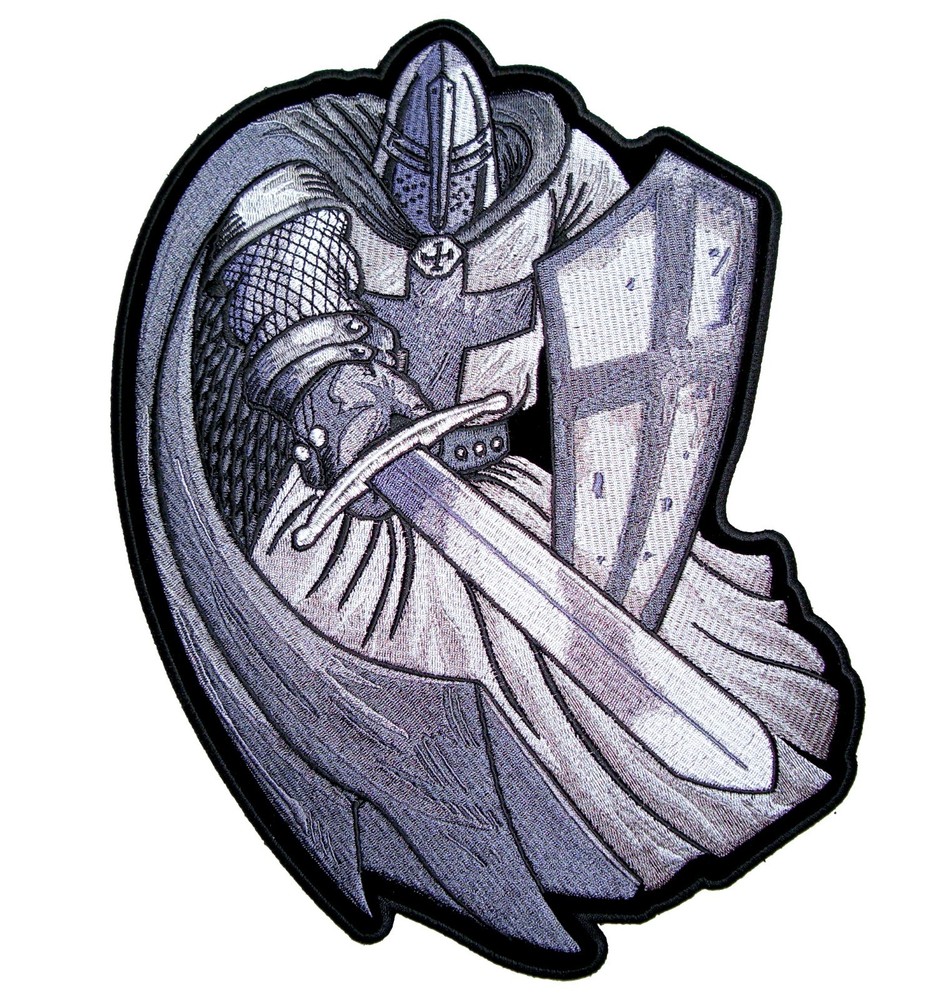 Christian Crusader Templar Knight W Sword Silver Embroidered Biker Patch