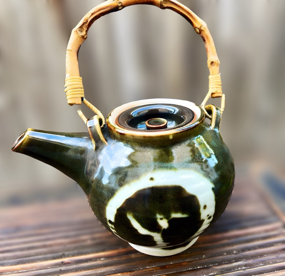 Vintage Studio Pottery Teapot Signed SK Bamboo Handle Hand Thrown Stoneware