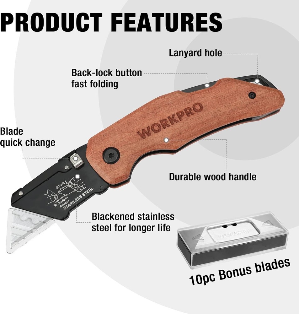 WORKPRO Folding Utility Knife Wood Handle Quick-change Blade Back Lock 10 Blades