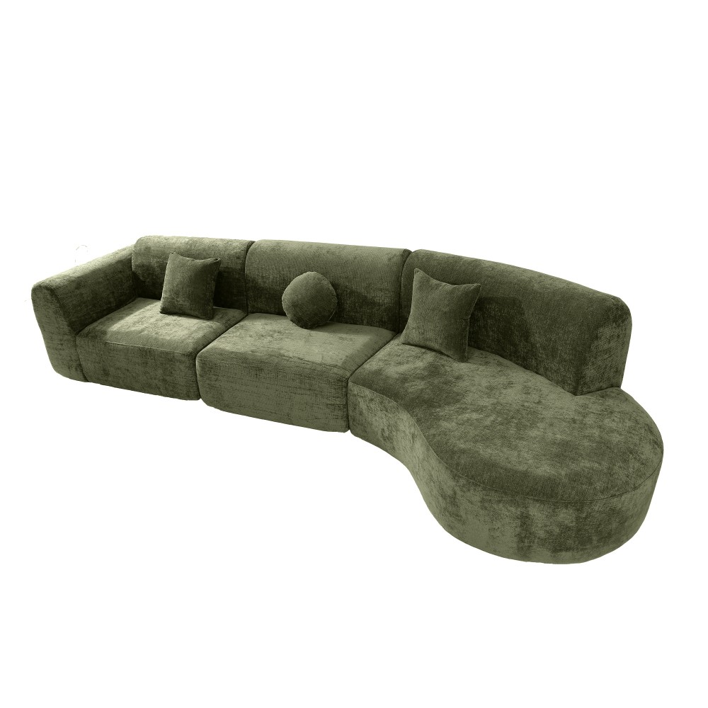 140” Curved Sectional Sofa w/ Chaise Fully Assembled, Green Modern L-shape