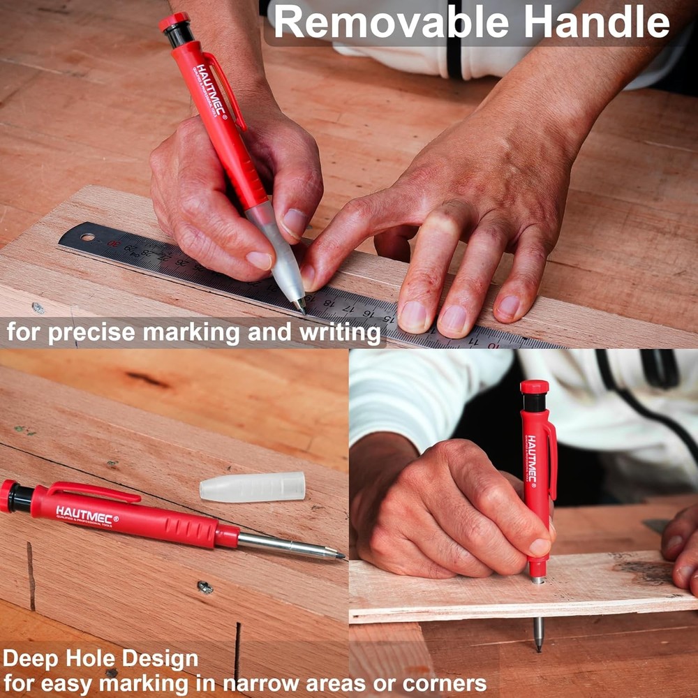 HAUTMEC Mechanical Carpenter Pencil Deep Hole Marker w Sharpener 7 Leads Tool