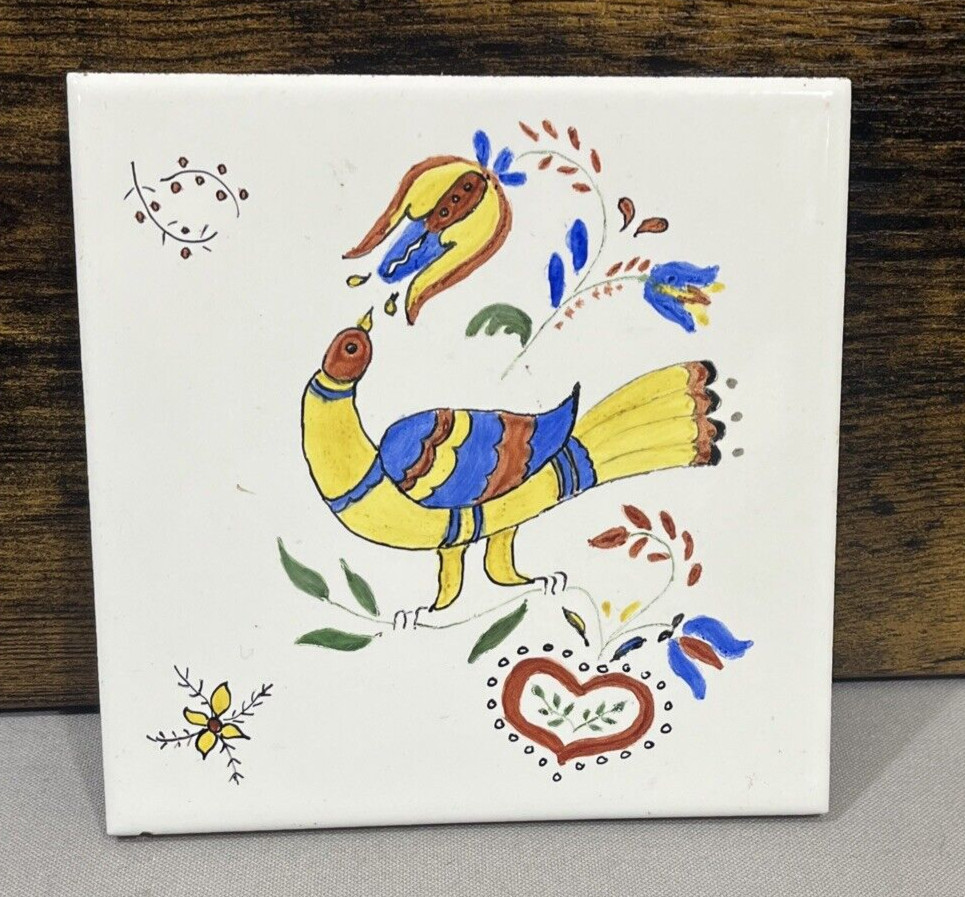 Hand Painted Eating Bird Tile Unknown Artist