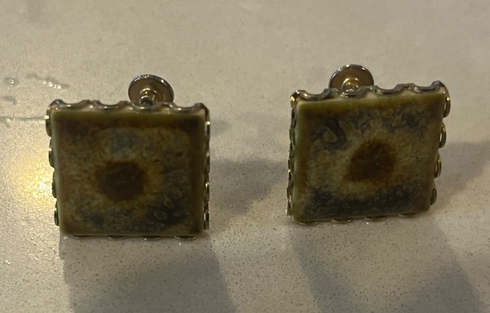 Green & Brown Glazed Ceramic Square Screw Back Earrings Set Vtg