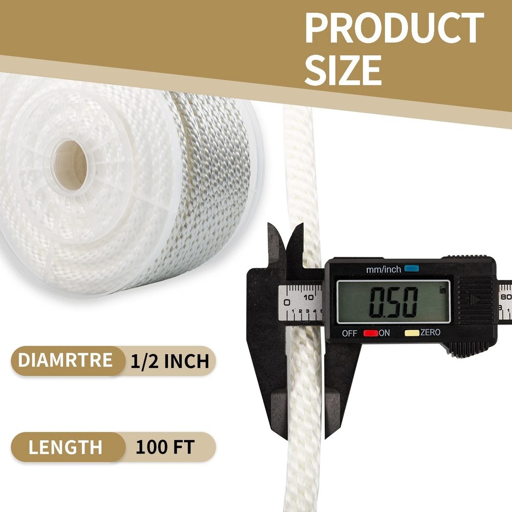 1/2'' 100' White Nylon Solid Braid Rope