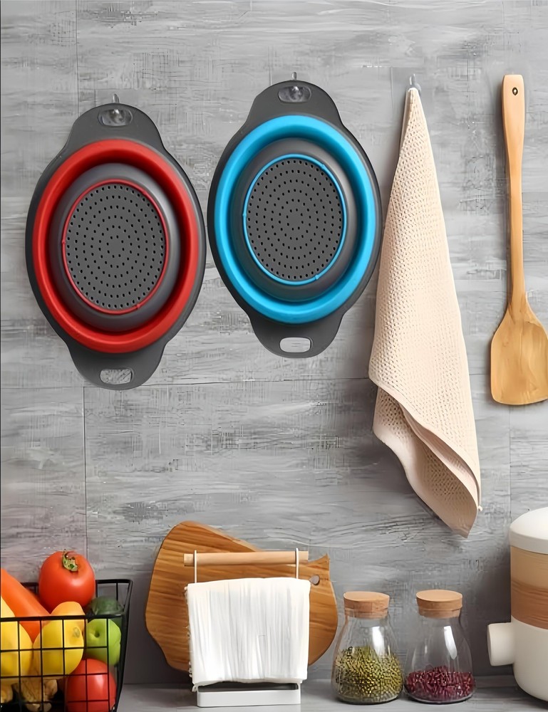 2 PCS Red Round Collapsible Silicone Kitchen Colander Plastic Handle Strainer
