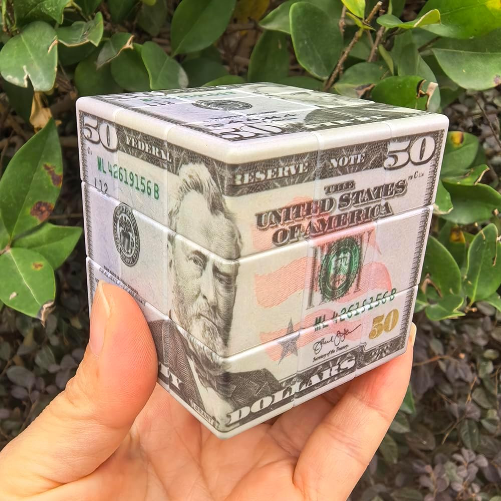 Fifty Dollar Cube,3X3 Magic Cube,Us Dollar Bill Speed Cube Stickerless with Stan