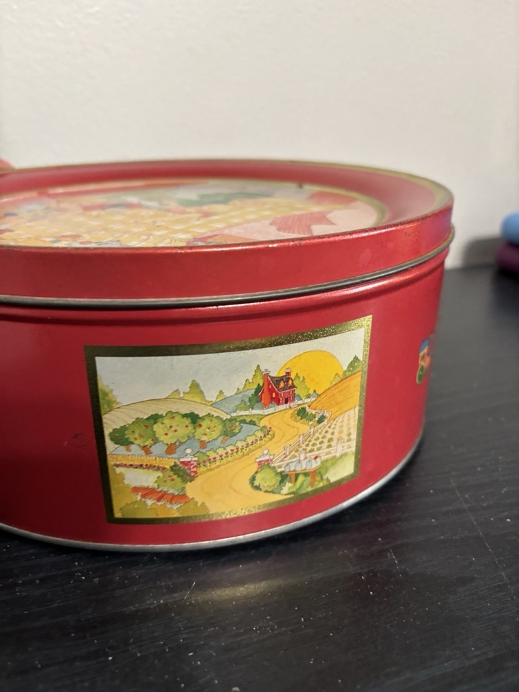 Vtg Nostalgic Reading Mother Children Playing Empty Tin Container Cottage Core