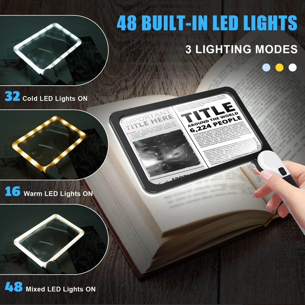 5X Handheld Magnifier for Page Reading - Large Folding Lighted Magnifier with...