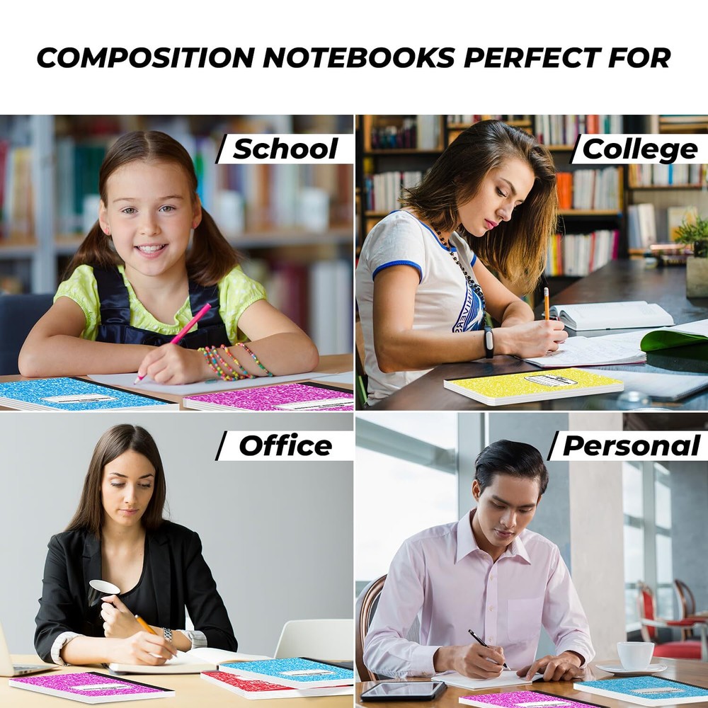 5 Pack Wide Ruled Composition Notebooks Durable Hard Cover Multiple Colors