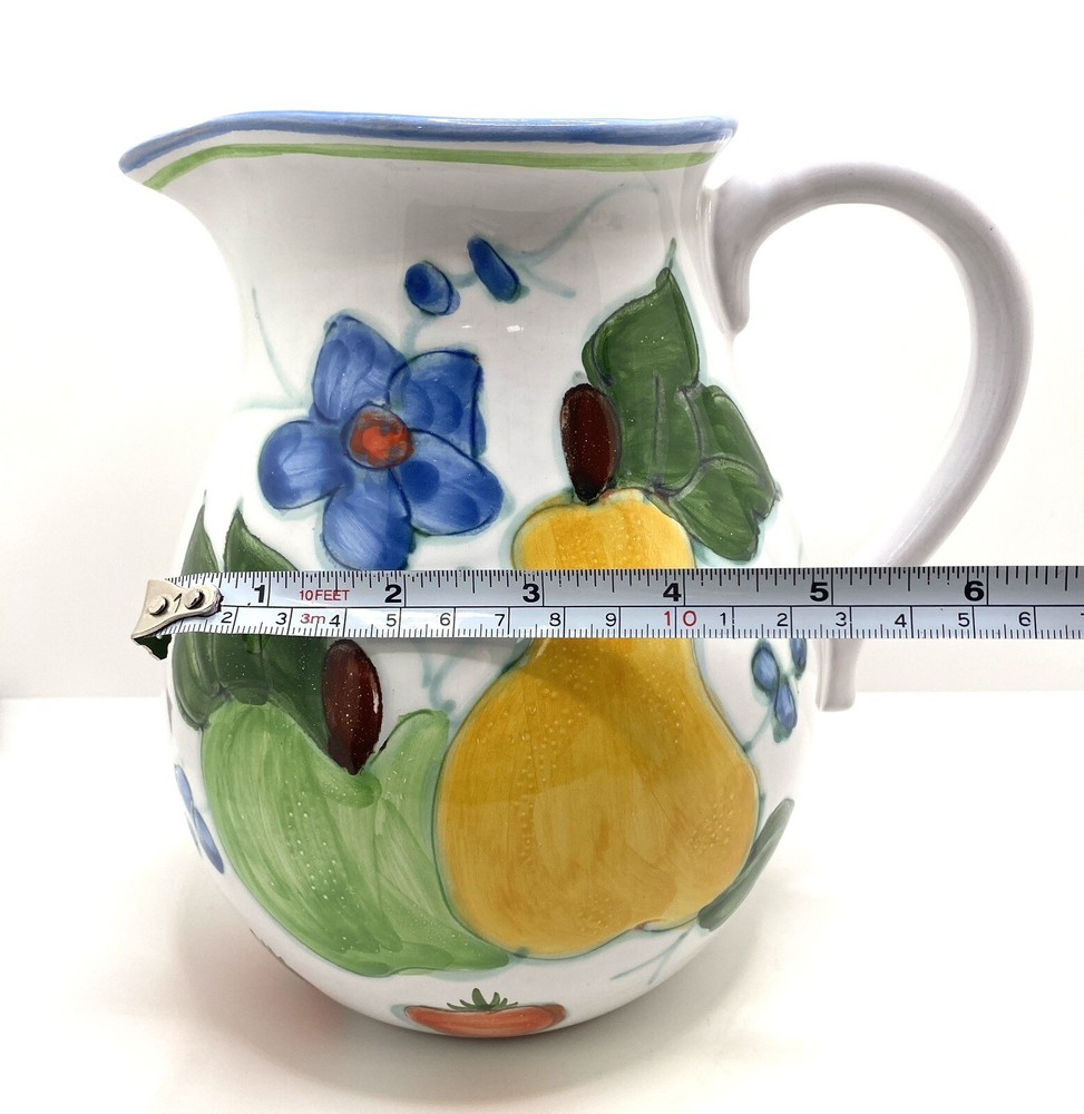 Vintage Pottery Ceramic Handpainted Flowrs And Fruit Design Jug Pitcher