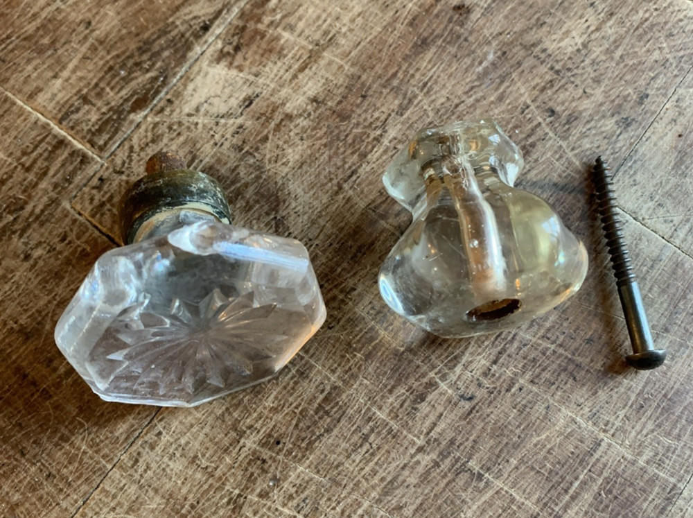 3 VINTAGE 1" 1-1/4" DEPRESSION HEXAGONAL CLEAR GLASS KNOBS & 1-3/4" OCTAGON PULL