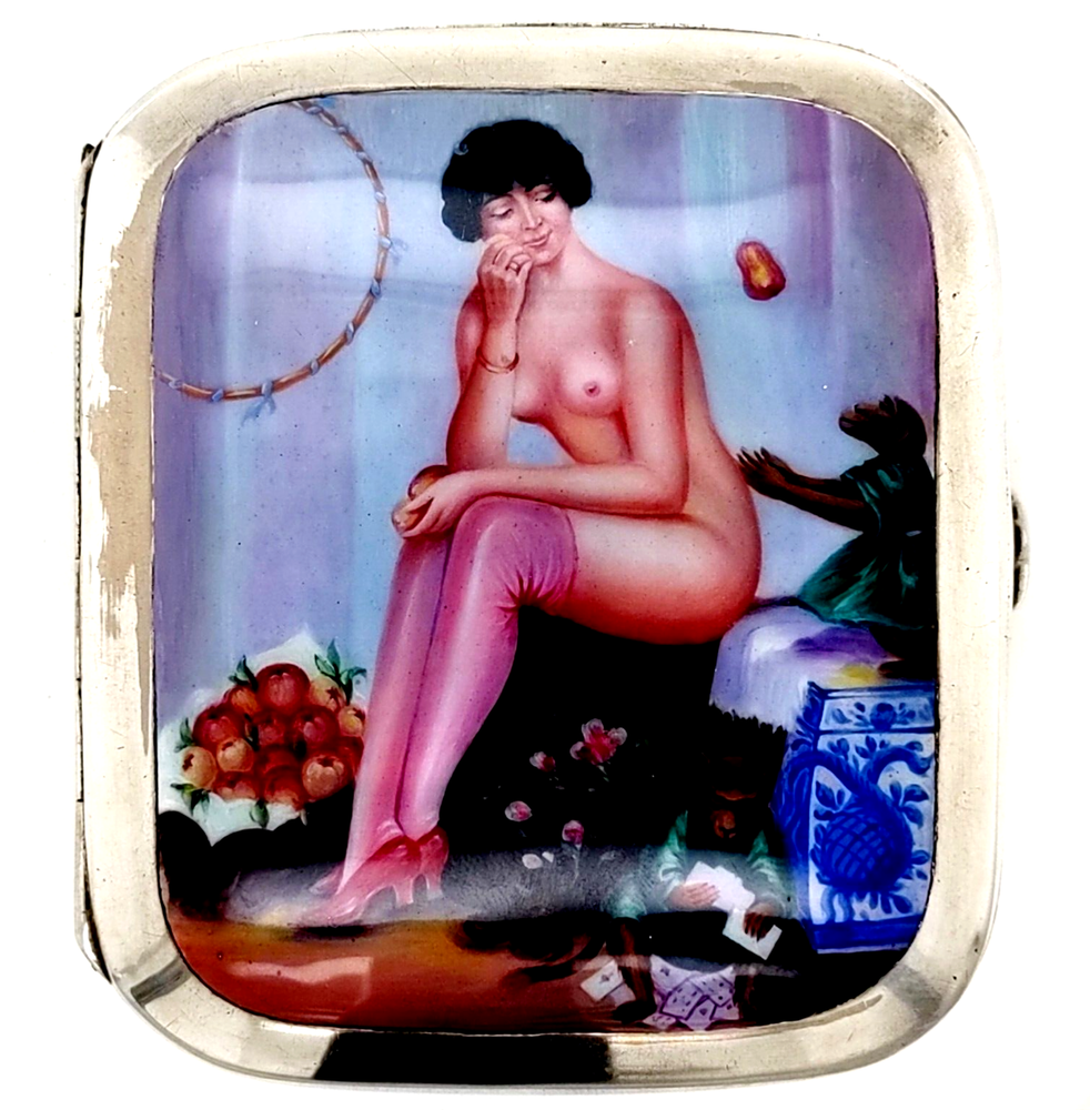 Unusual Alpacca Cigarette Case with Erotic Enamelled Scene