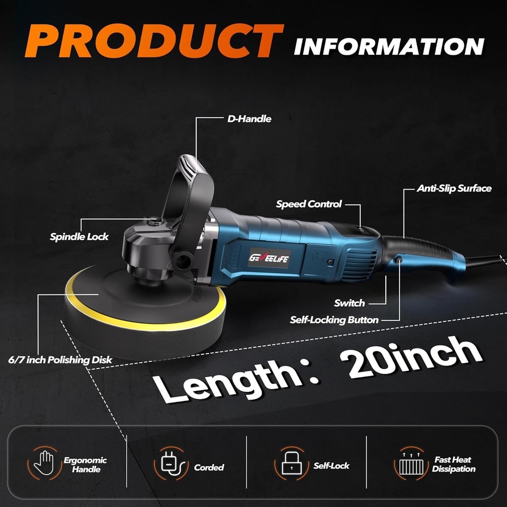 Professional 6/7 Inch Car Buffer Polisher with 7-Speed Control & Accessories