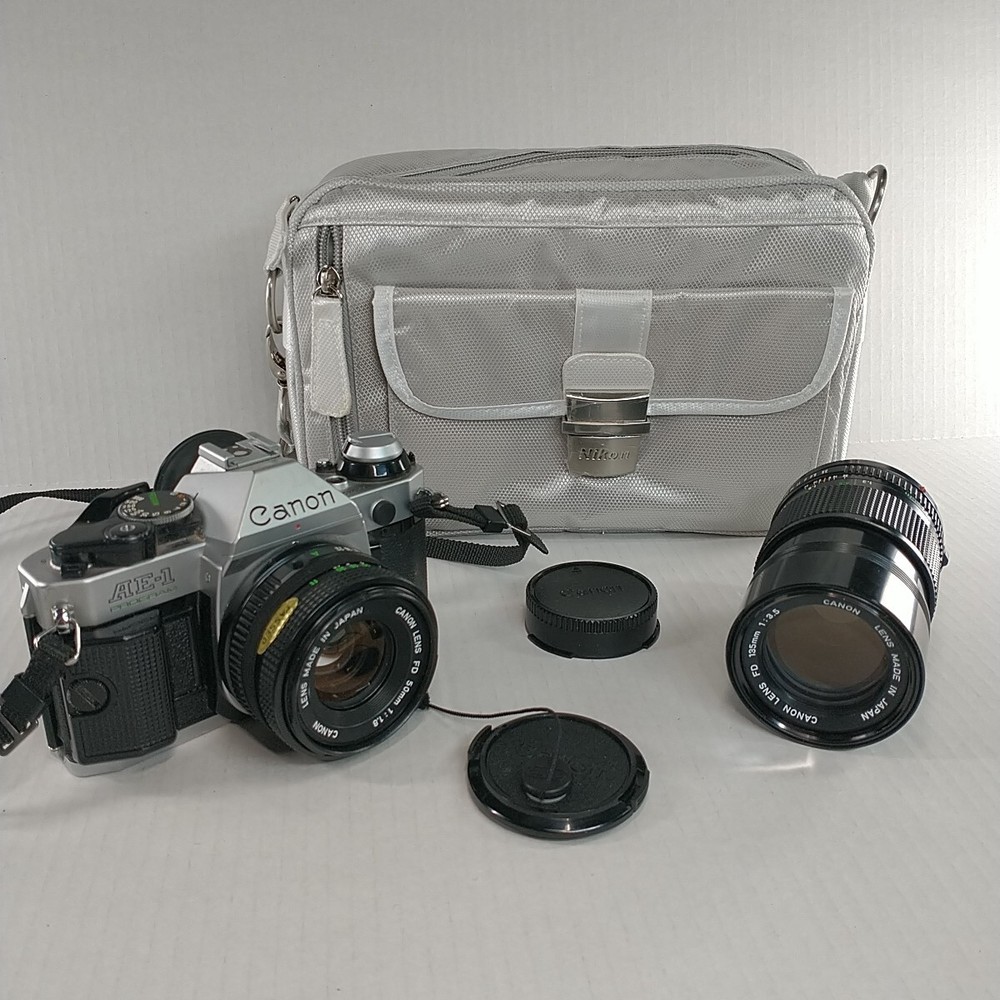 Canon AE-1 Program 35mm Camera Bundle With 50mm / 135 Lens Strap & Camera Bag